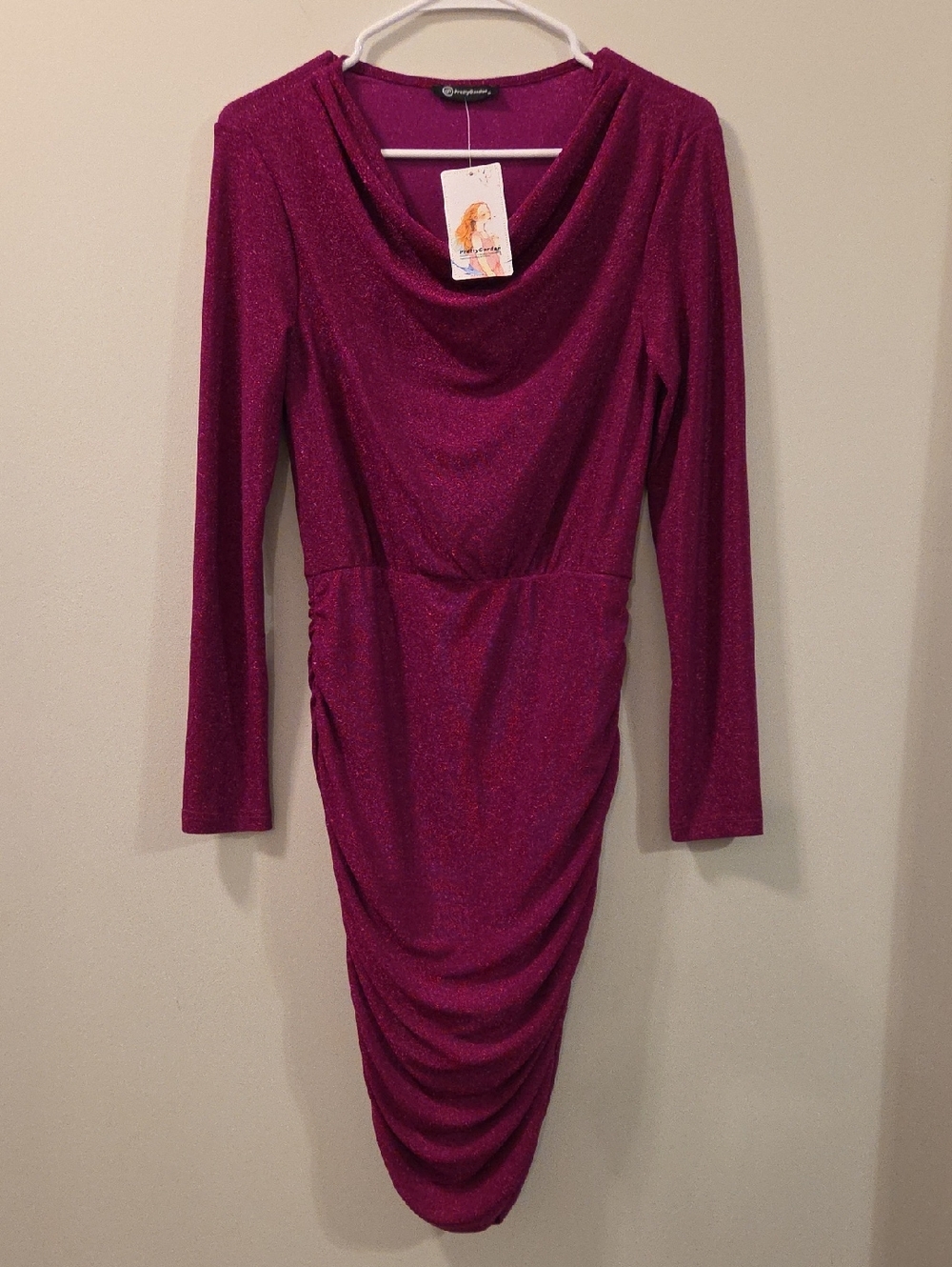 PrettyGarden Fuchsia Shimmer Cowl-Neck Long Sleeve Mini Dress